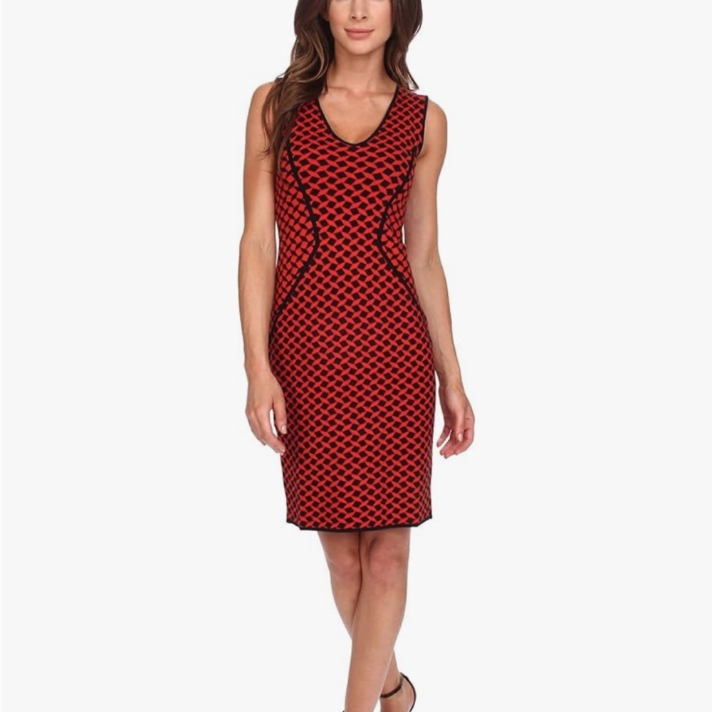 NYDJ Women's Cecelia Jacquard Sweater Dress sz 10 red and black